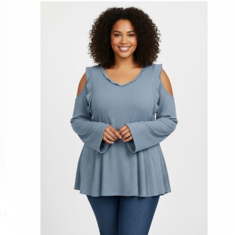 New Suzanne Betro Blue Rib Knit Stretch Cold Shoulder Flare Sleeve Top 1X